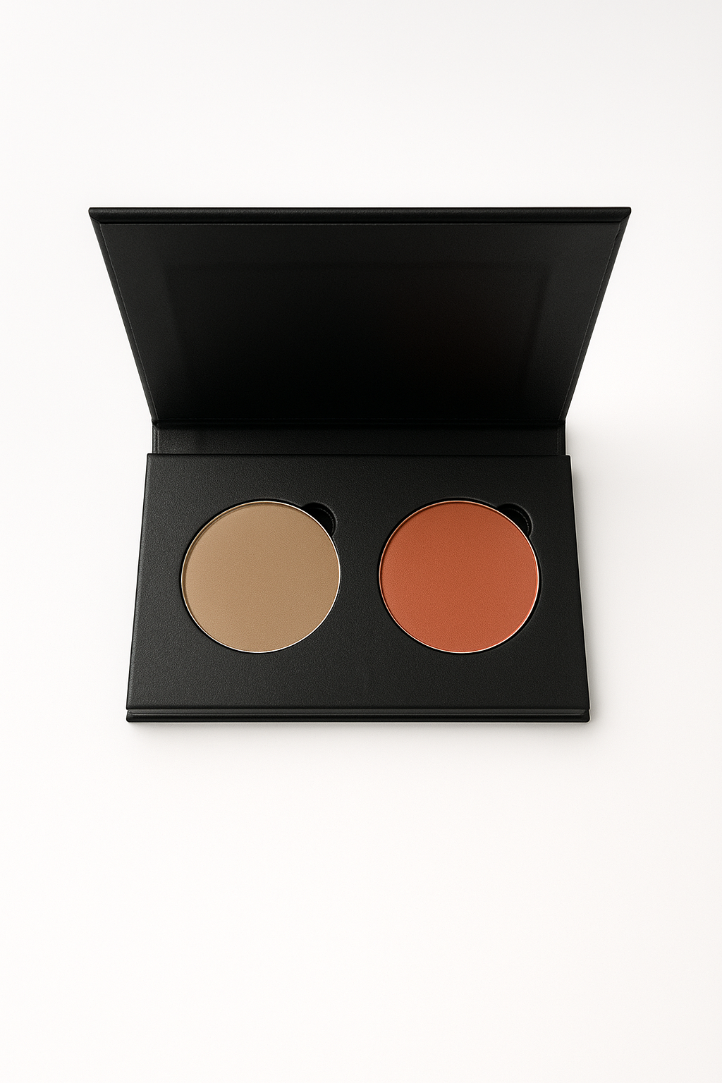 Makeup palette with two shades of eyeshadow in a black case on a white background