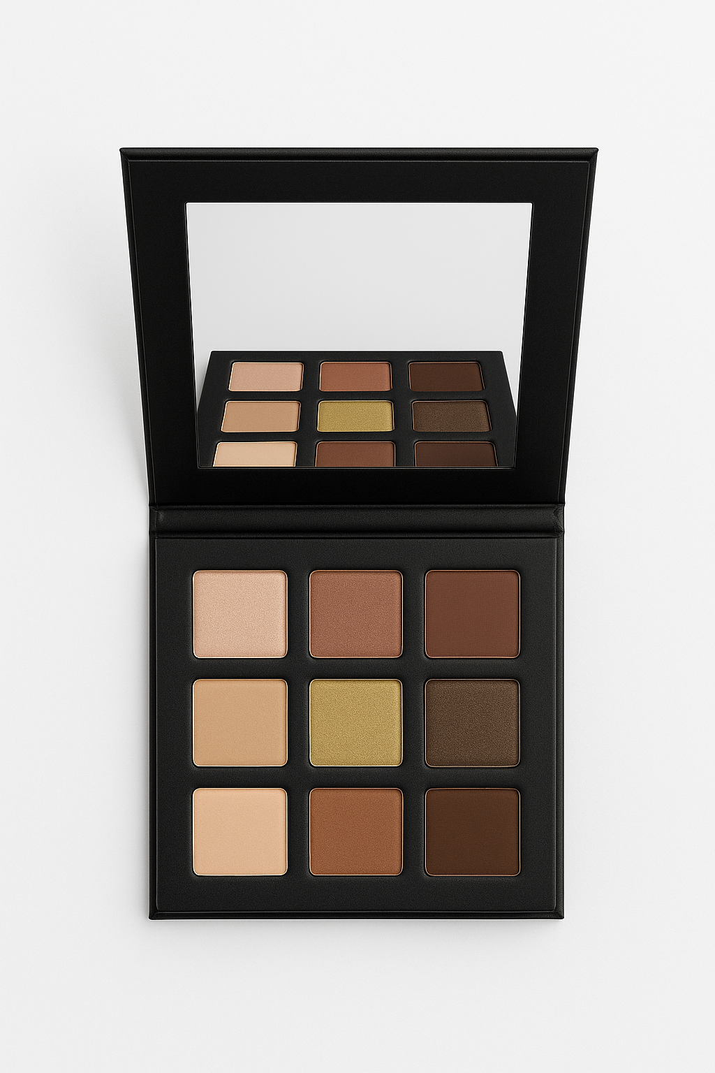 Makeup palette with various shades of eyeshadows on a white background