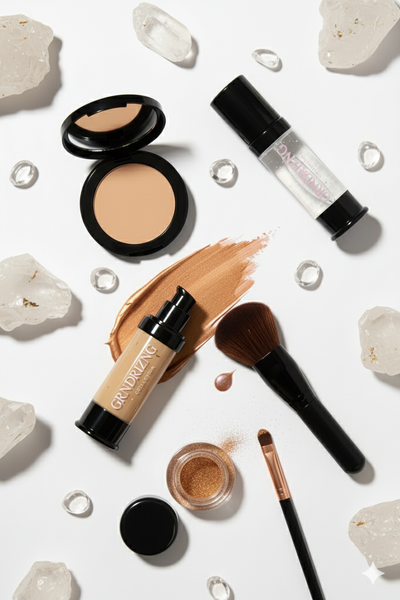 flat lay of makeup products surrounded by clear quartz crystals and makeup brushes.