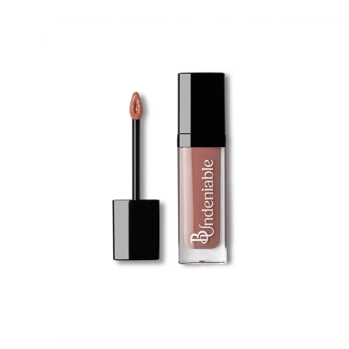 A liquid lipstick in a nude pink shade by B:Undeniable, shown with its applicator wand and black cap against a clean white background.