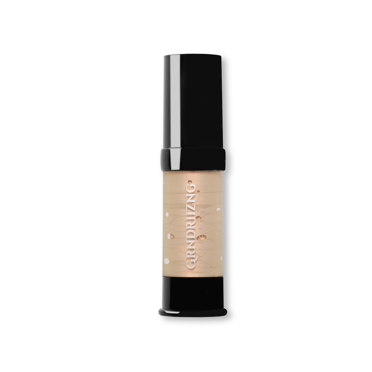 A single tube of GRNDRIIZNG makeup foundation with a black cap and a beige-toned body showing the liquid foundation inside, set against a plain white background.