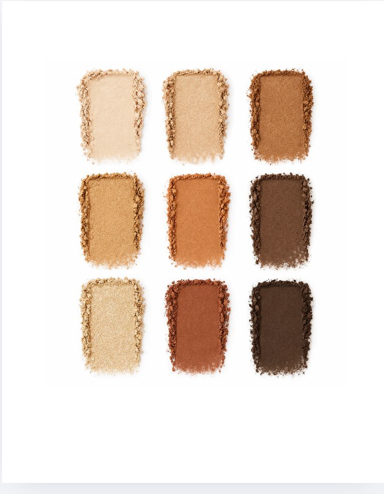 Nine brown and beige eyeshadow swatches arranged in a 3x3 grid on a white background.