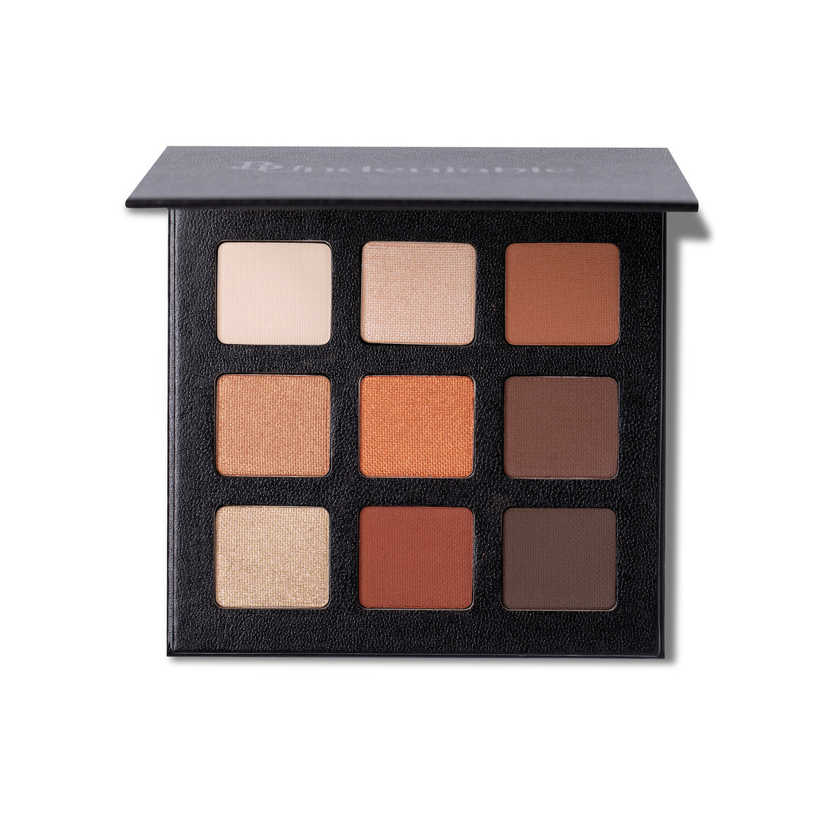 A 9-shade eyeshadow palette in a black textured case, shown open against a white background. The shades range from light beige and champagne to warm copper, terracotta, and deep brown.