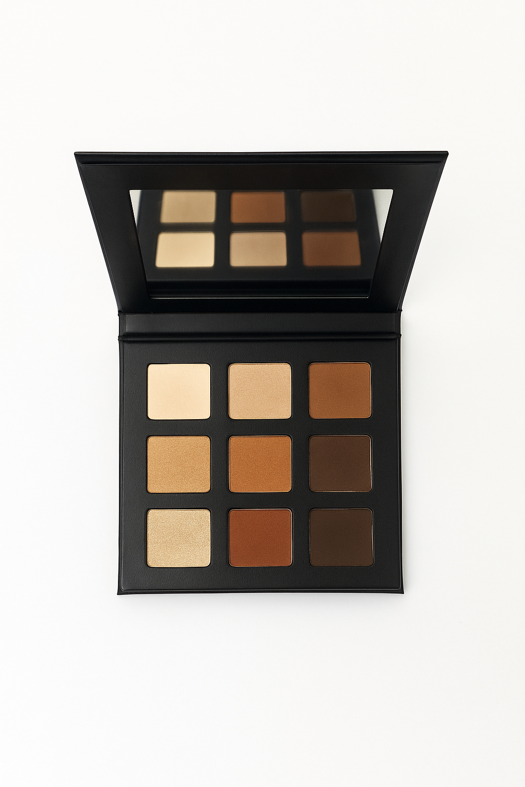 Makeup palette with brown and beige shades on a white background