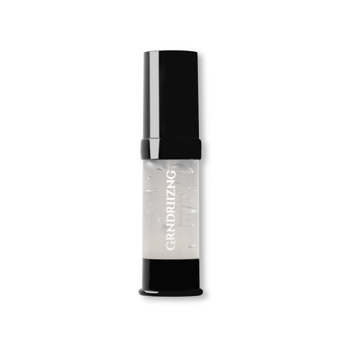 A clear cosmetic tube with a black cap and base, featuring the brand name 'GRNDRIIZNG' printed vertically in white on the clear body, set against a plain white background.