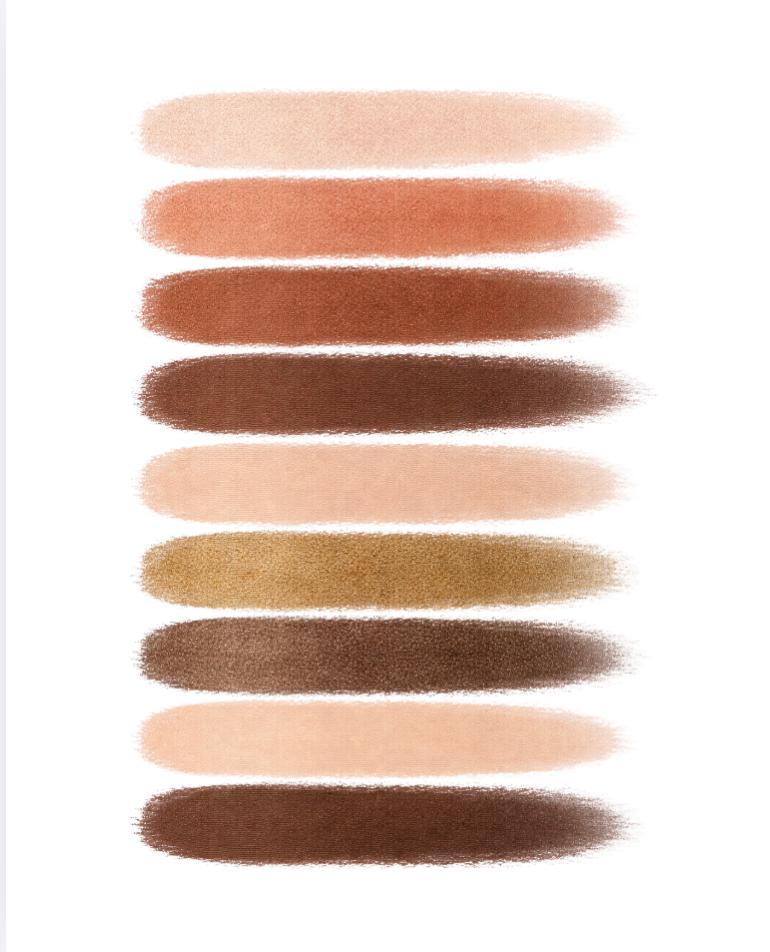 Gradient of brown and beige makeup swatches on a white background