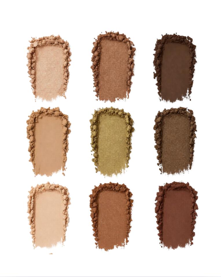 Nineteen swatches of brown and beige makeup shades on a white background