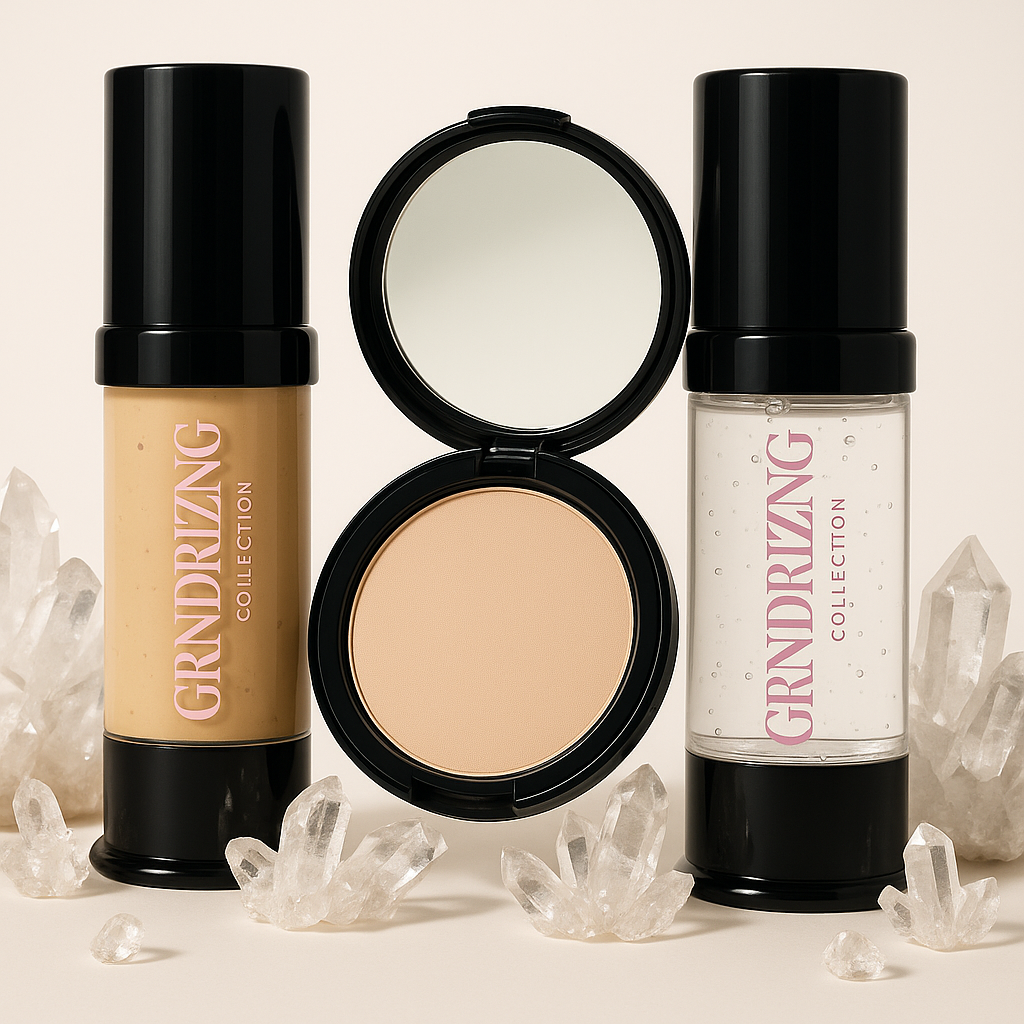 Makeup products from the Grndrizing Collection on a neutral background with crystals.