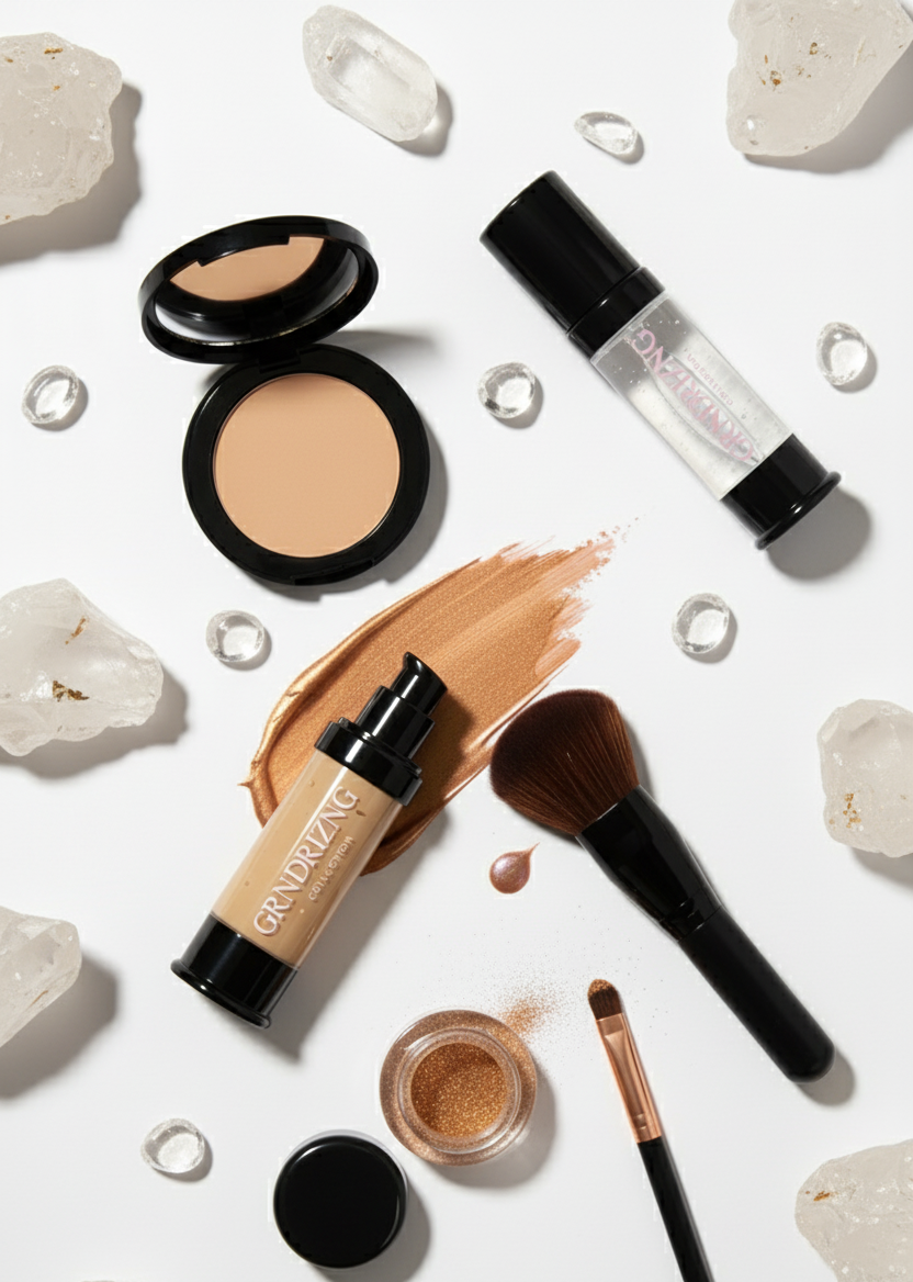 Flat lay of makeup products on a white background with bronzer, primer, translucent, loose pigment and black handled brush