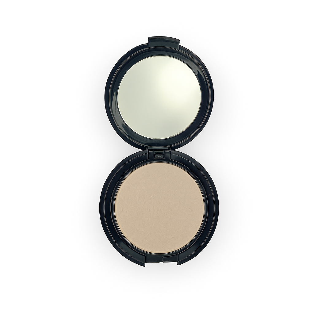 Compact powder in a black case with a mirror on a white background