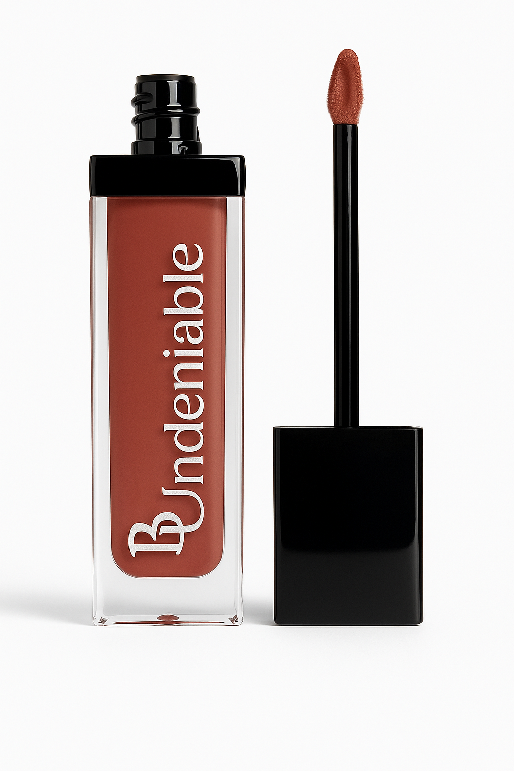 Brown lip gloss with 'BUndeniable' branding on a white background