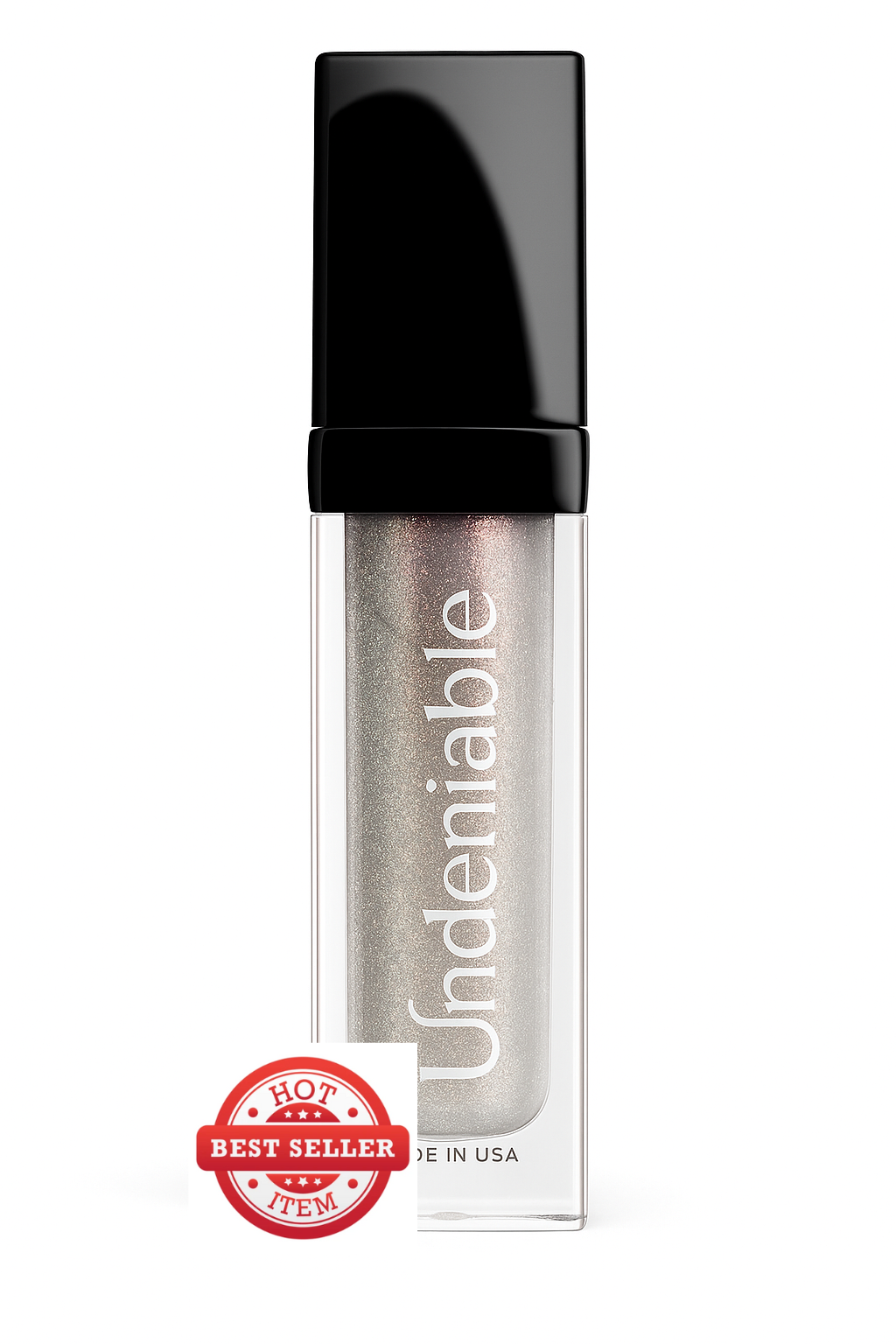 Clear glittery lip gloss with 'BUndeniable' branding  on a white background