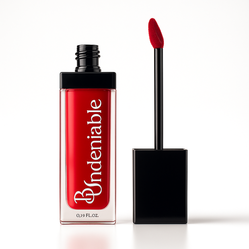 Red lip gloss with black applicator on a white background