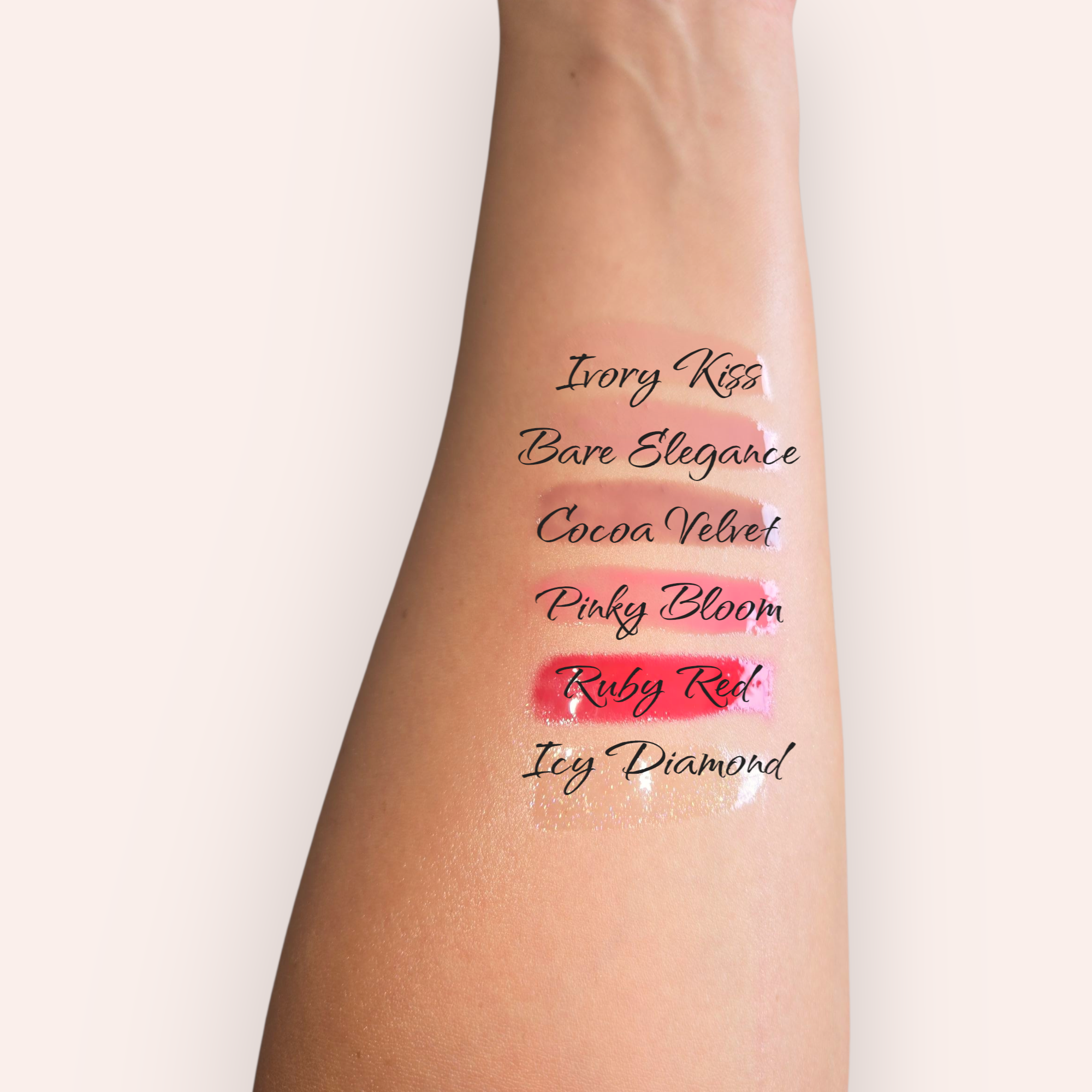 Lipstick swatches on a wrist with labels next to them on a white background