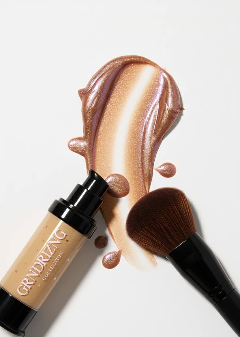 luminous bottle flat lay no cap, black handled brush laying on swatch of product