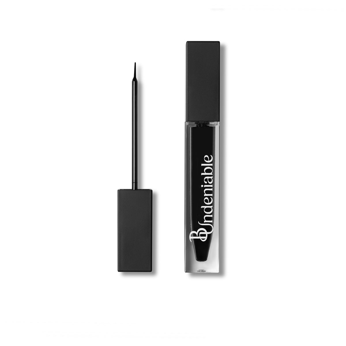 A clear liquid cosmetic tube with a black cap and applicator wand, shown on a plain white background. The tube contains black liquid and features the brand name 'B:Undeniable' printed vertically in white.