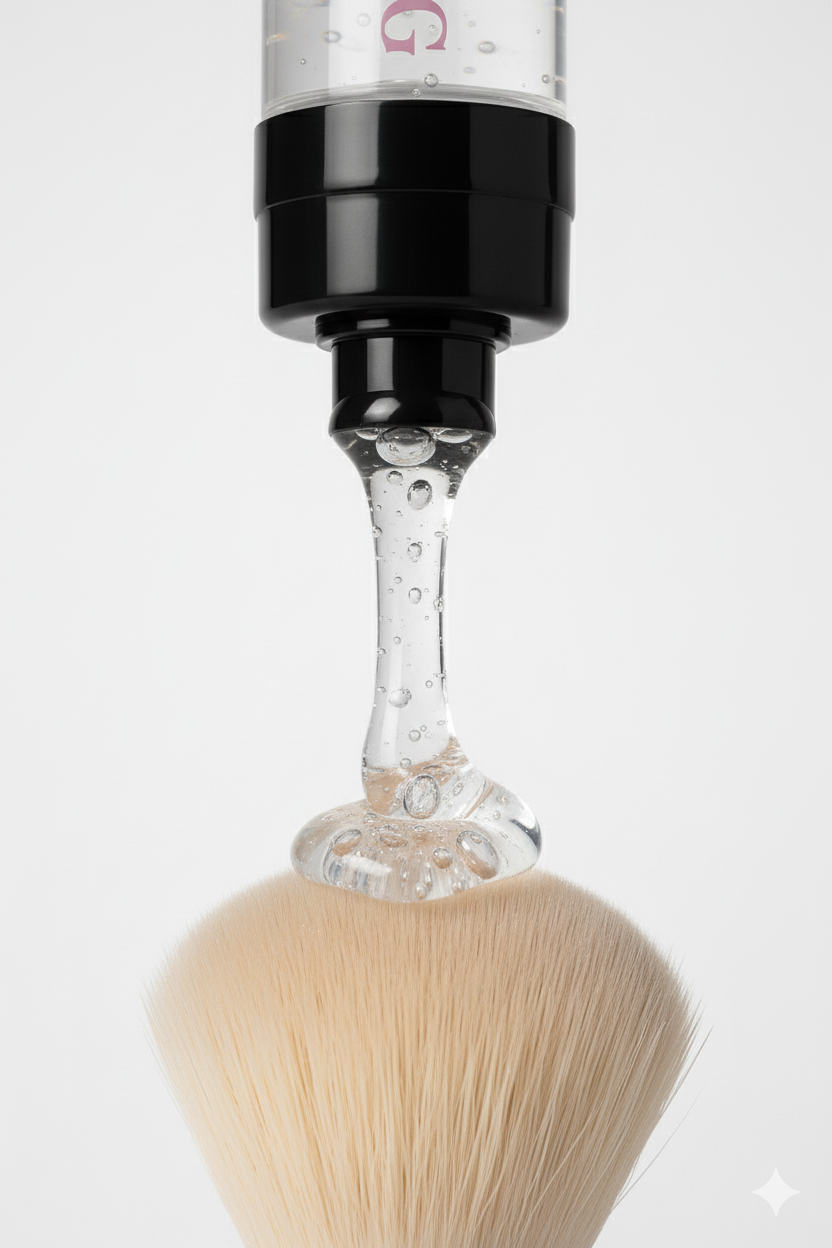 Close-up of a brush with liquid being applied, likely for makeup or skincare.