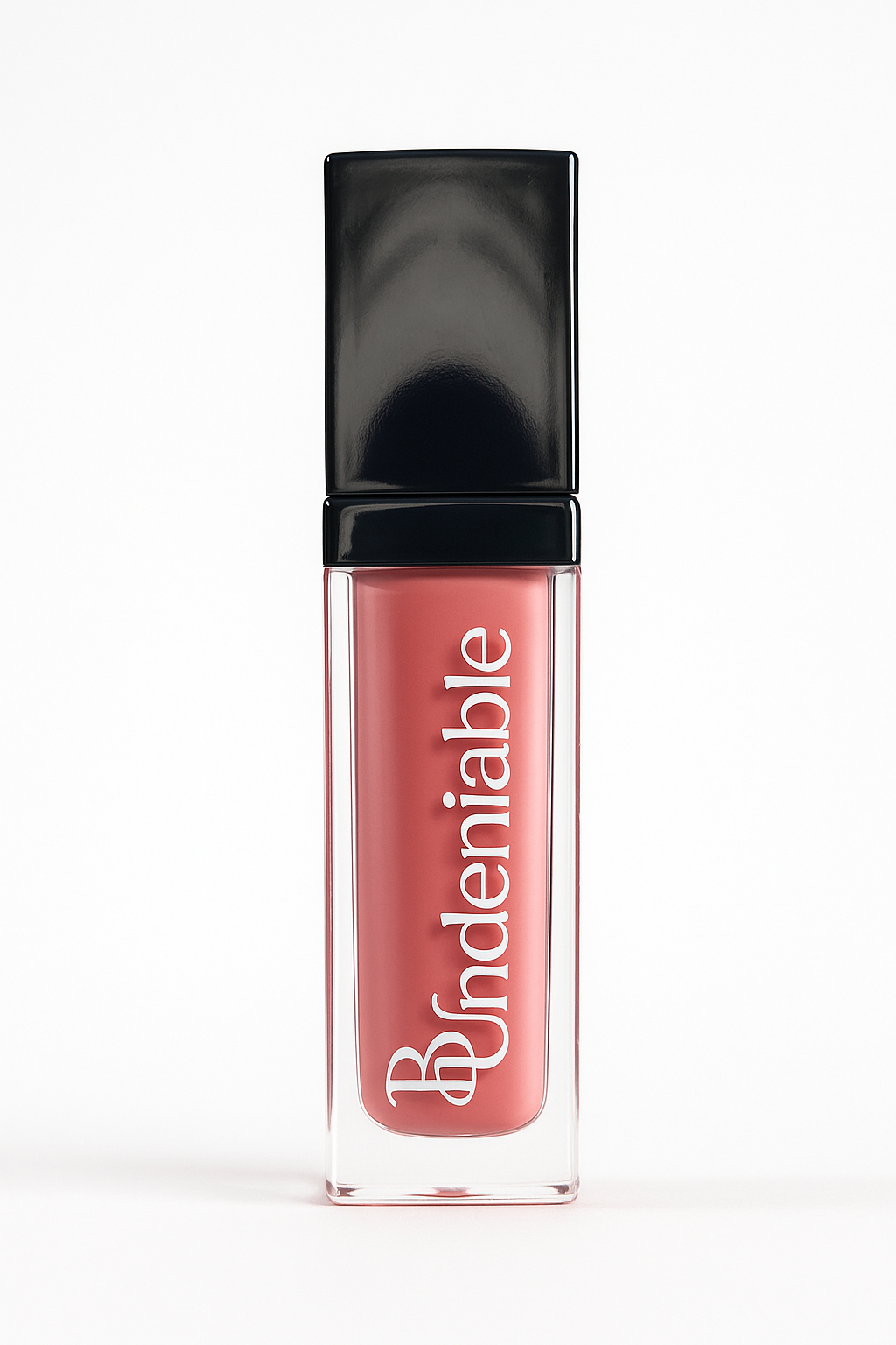 Lip gloss with black cap and pink body on a white background