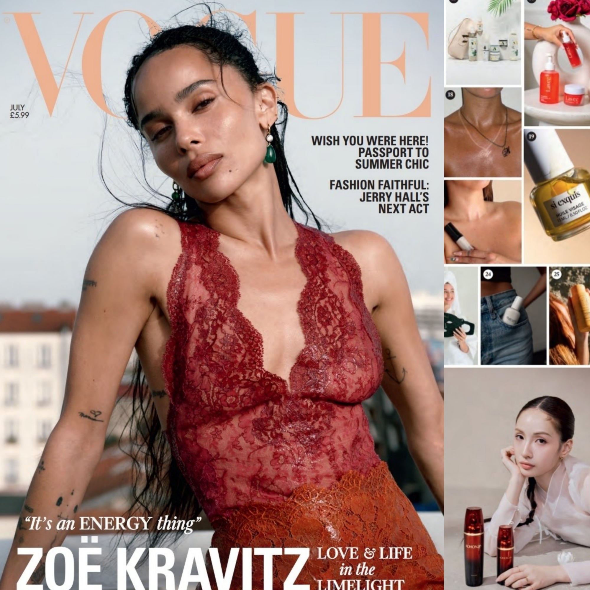 Vogue magazine cover featuring a woman in a red dress with product images on the right.